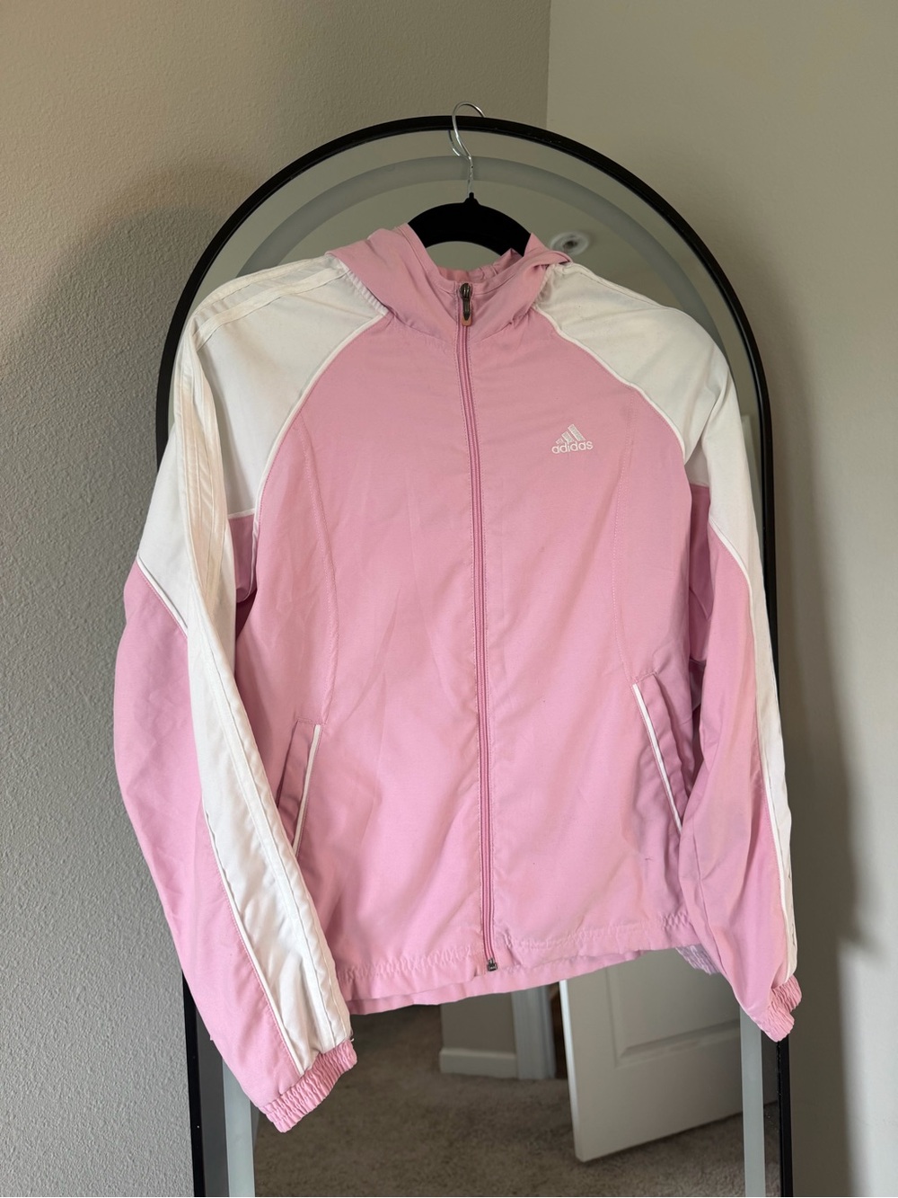 Vintage Adidas Pink White Colorblock Windbreaker Hoodie Jacket Size Small